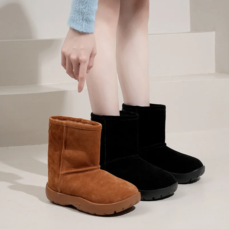 

Short Plush Bread Snow Boots For Women Thick Flat Sole Botas De Invierno Para Mujer Plus Warm Solid Color Leather Shoes Winter