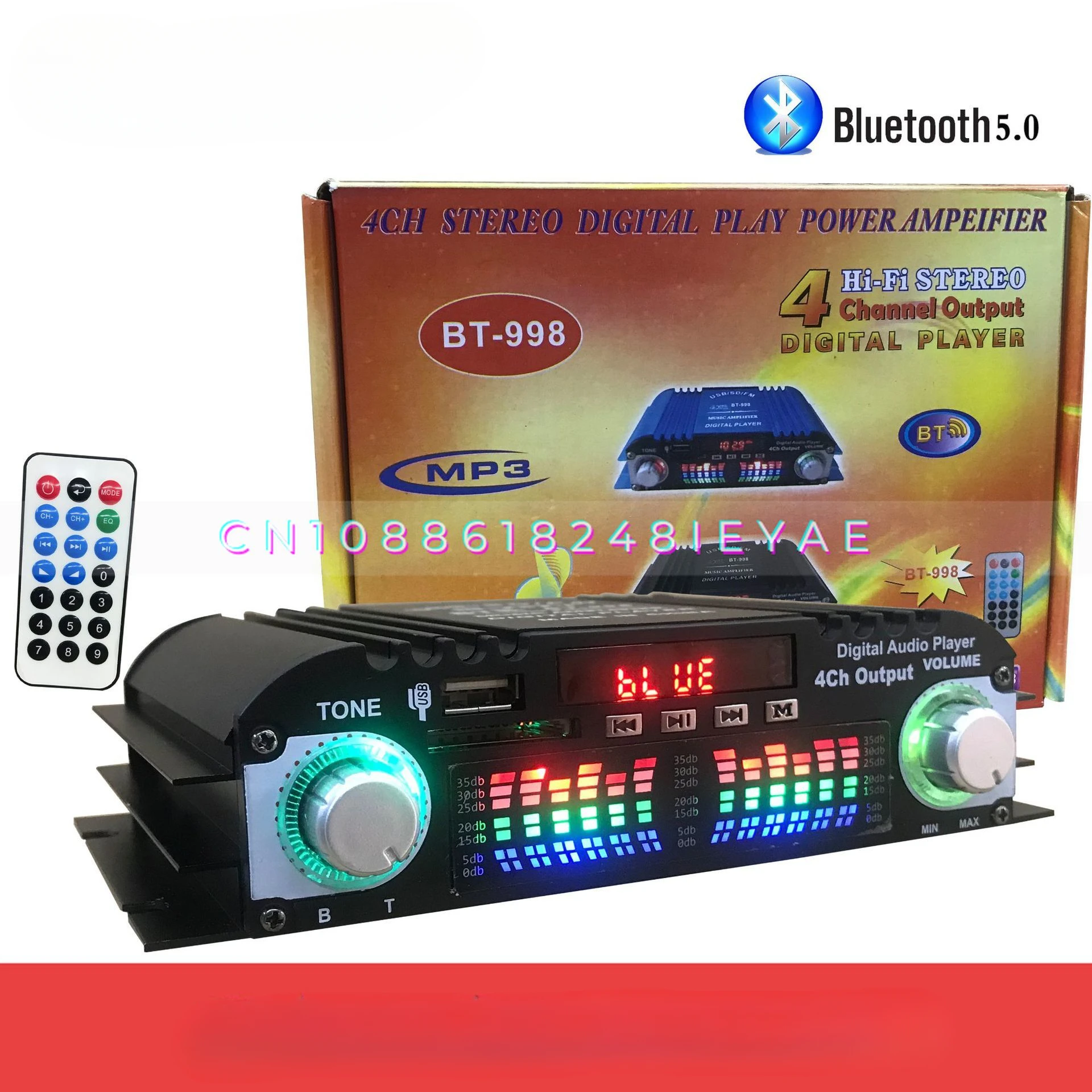 Bluetooth Small Power Amplifier BT-998 Card Reader USB with FM Radio U Disk Card Reader 12V4 Channel Car Power Amplifier