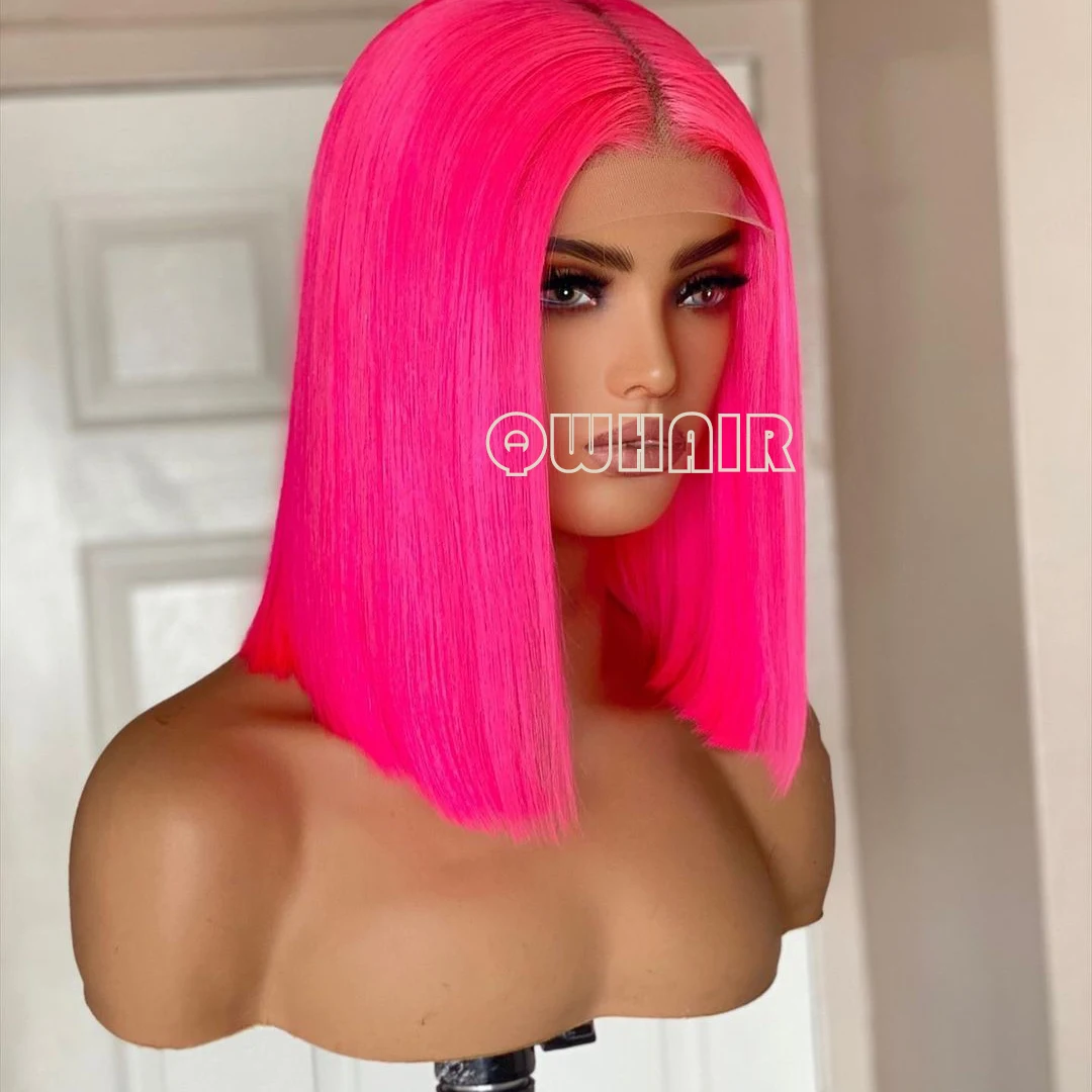 

QW Synthetic Hair Hot Pink Short Bob Soft Straight Lace Front Wig For Women Hair Heat Resistant Fiber Cosplay Daily