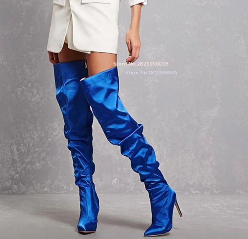 

Smooth Satin Thin Heeled Over The Knee Long Boots Women High Heel Pointed Toes Thigh High Bota