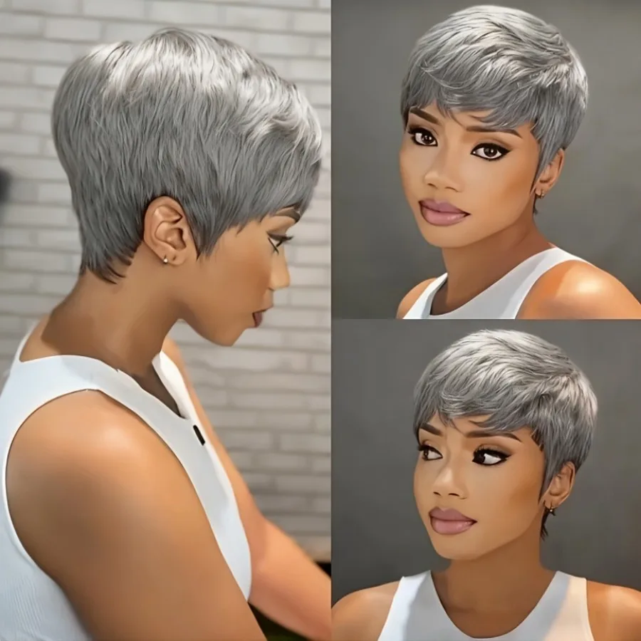 باروكة شعر بشري برازيلي رمادي للنساء - شعر مستعار مصنوع آليًا بالكامل قصير ومستقيم الطبقات، مظهر طبيعي بموجات ناعمة #1