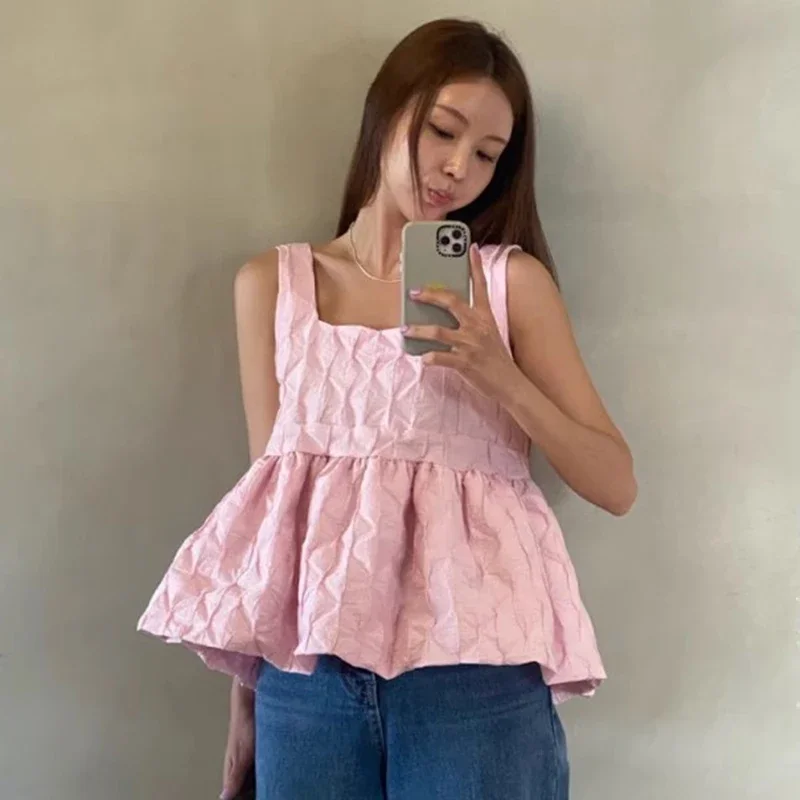 Folds Sleeveless Suspender Shirt for Women\'s Summer Sweet Simple Blouse Women Loose Casual Solid Color Blusas Short Top