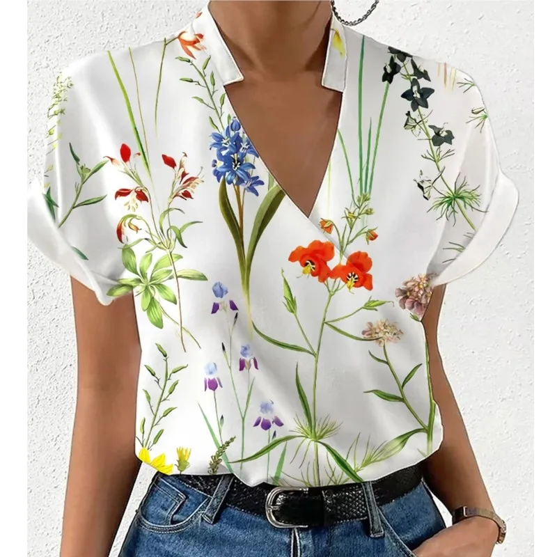 Women Summer Loose V-neck Printed Shirt Office Lady Floral Print Short Sleeve Pullover Blouse Blusas Chemise Femme Chic 2024