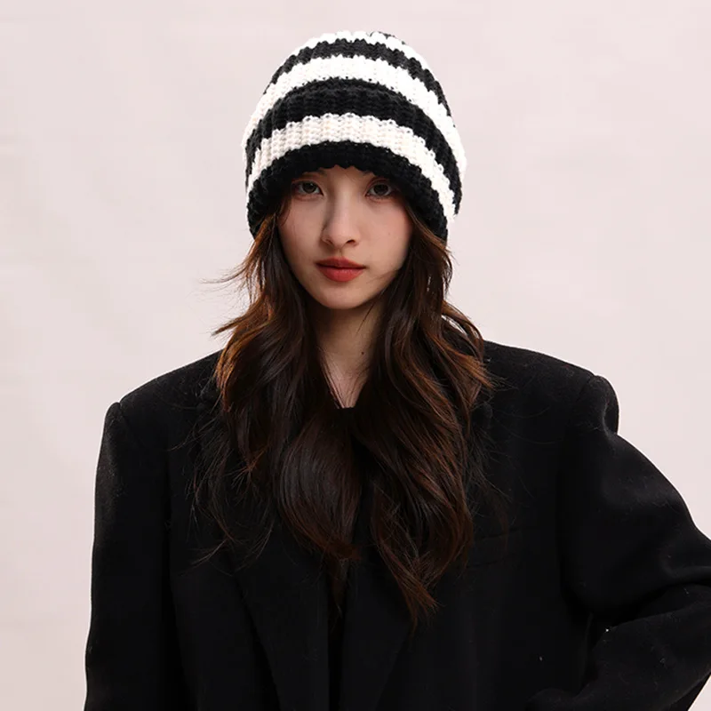 

Black White Striped Woolen Beanie Hat Woman Autumn and Winter Warm Knit Cold Cover Hat Male Fashion Caps for men