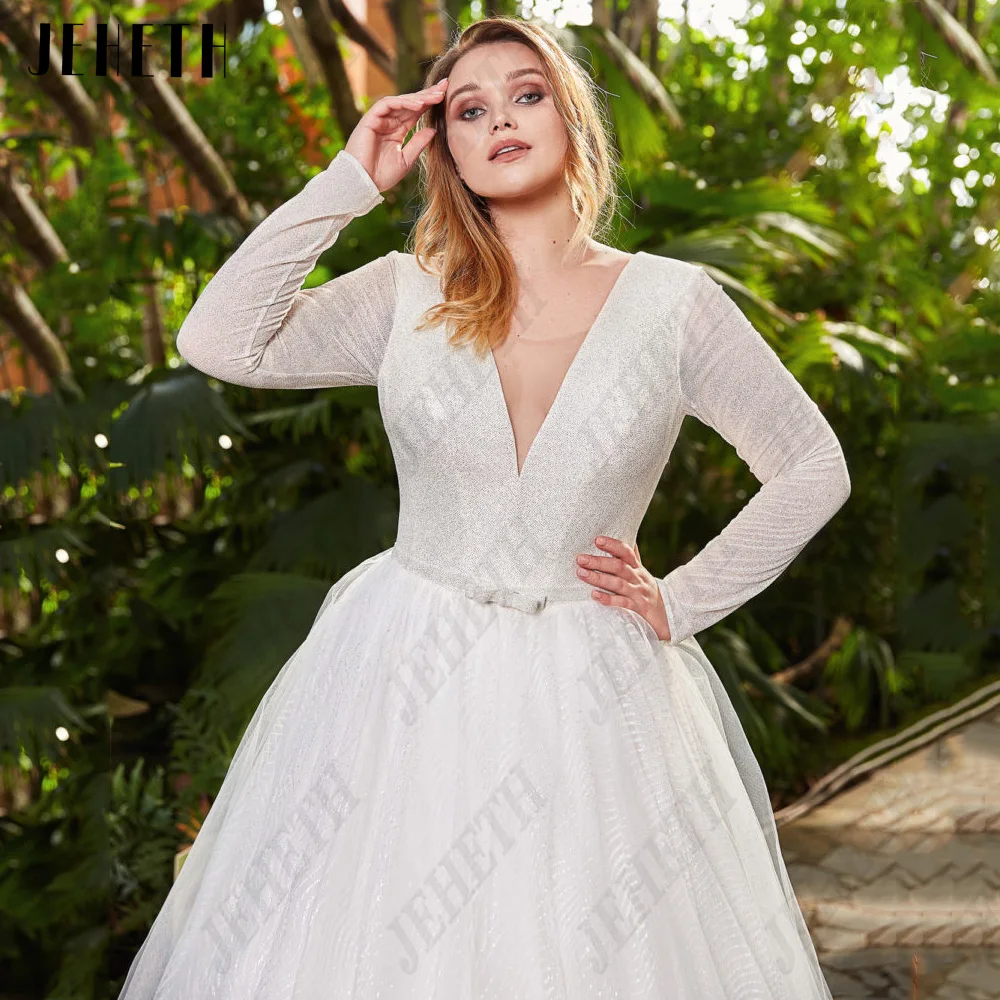 JEHETH Exquisite V-Neck Wedding Dresses Plus Size Woman Long Sleeves Lace Up Backless Bride Gowns Tulle A-Line vestidos de novia