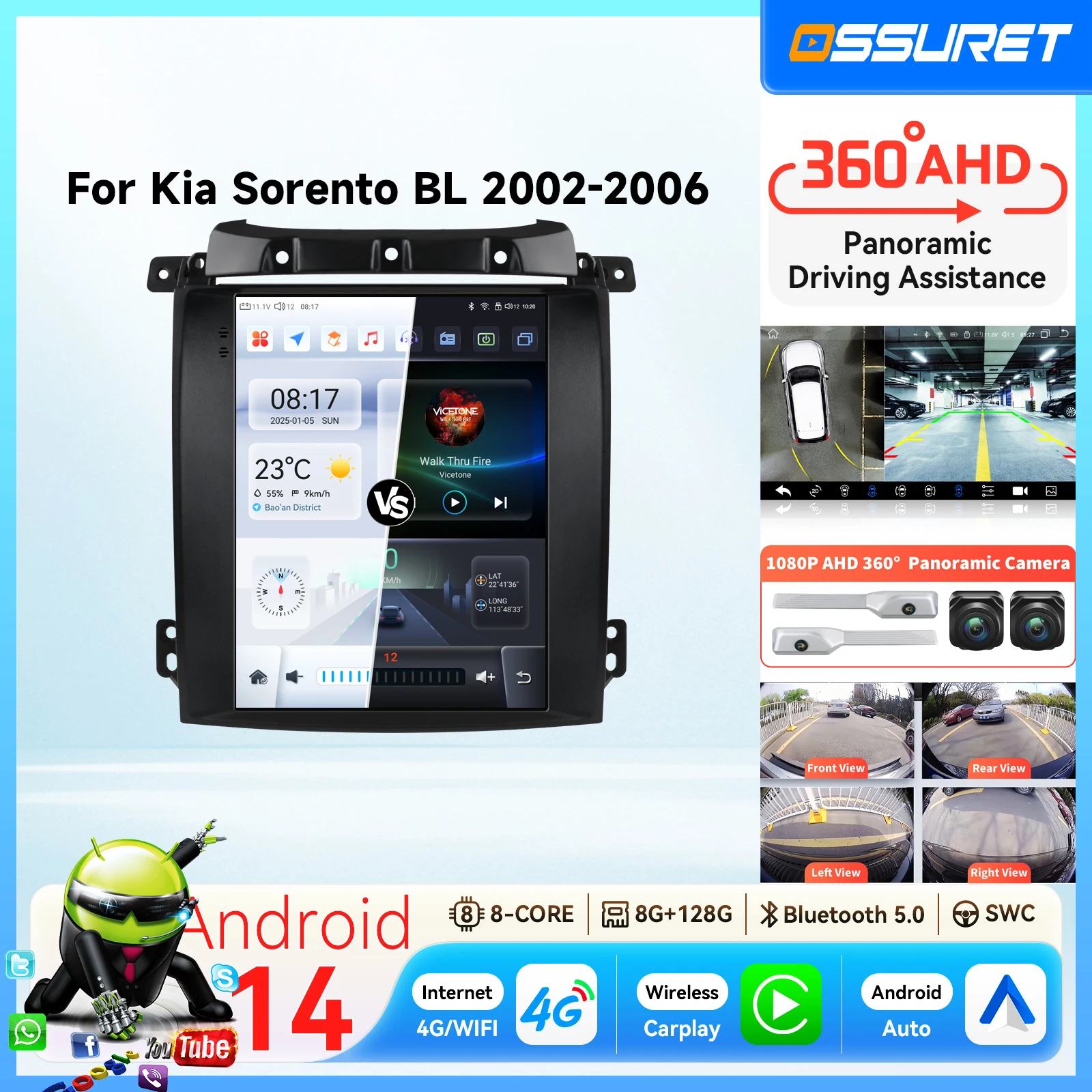 Autoradio Android 14 con Carplay da 9,7" in stile Tesla per Kia Sorento BL 2002 2003 2004 2005 2006, lettore multimediale 2DIN, GPS, stereo, audio, schermo intelligente 7862
