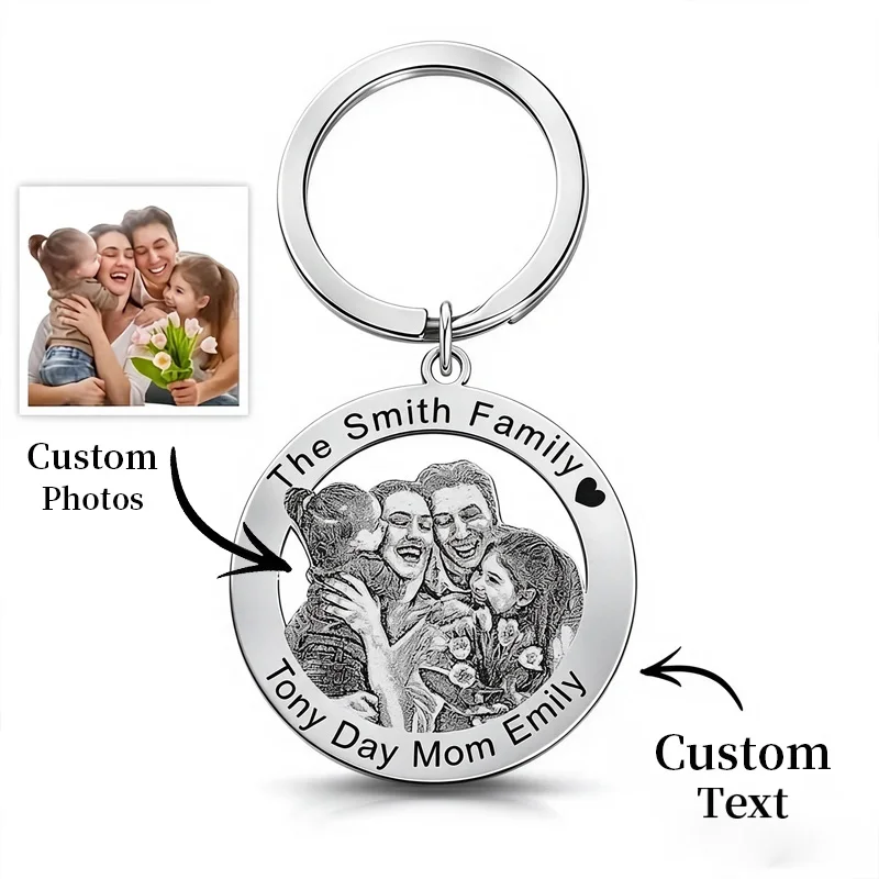 1 Piece Personalized Custom Stainless Steel Heart-Shaped Round Keychain, Fashionable and Elegant with Various Styles and Designs to Choose From, Custom Photo and Engraved Text - Ideal Gift for Family Photos and Travel Memories, Mother's Day, Father's Day, Thanksgiving, Valentine's Day, DIY Decorative Keychain, Perfect Gift for Car Key Rings, Bag Charms, and Home Decoration