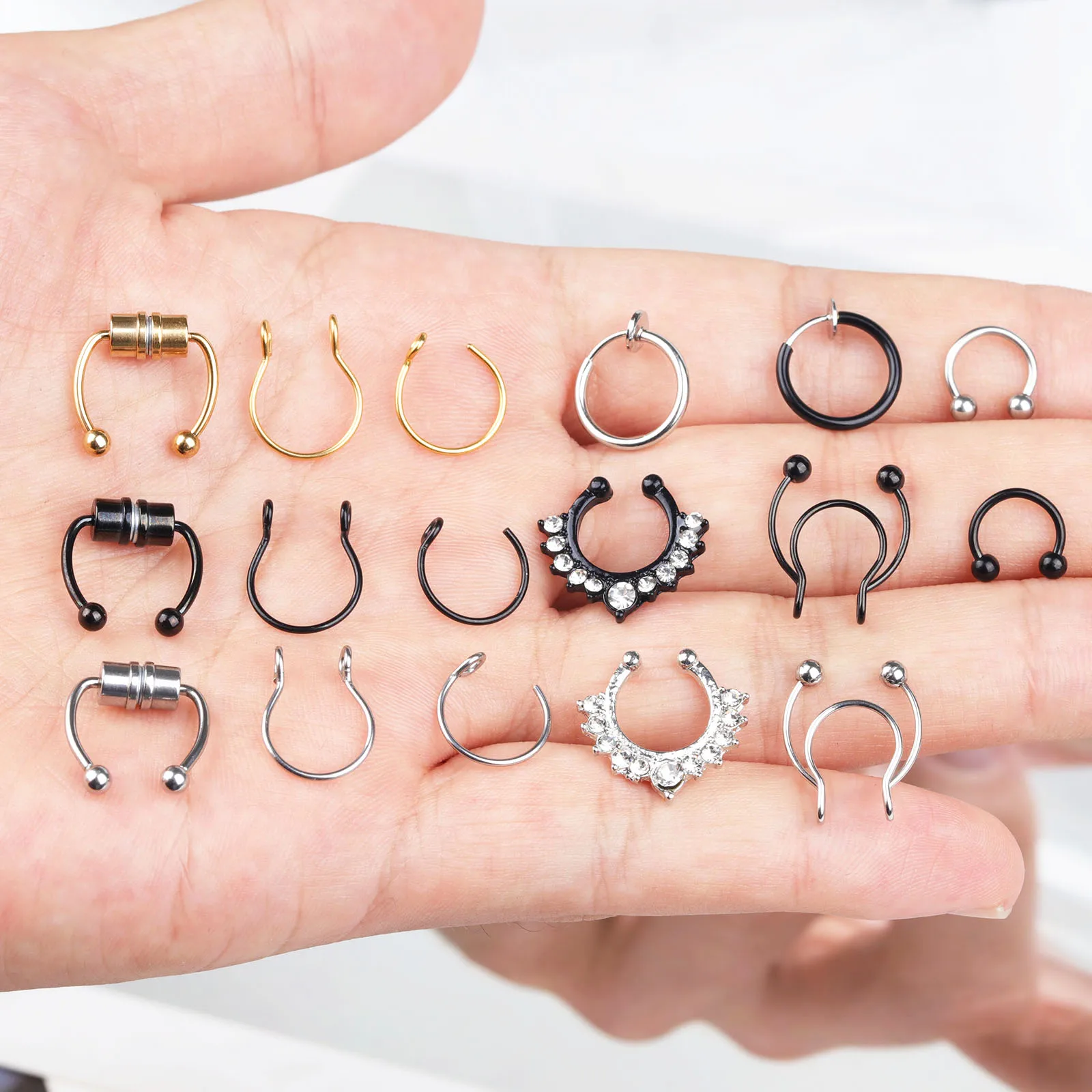 3pcs Magnetic Fake Nose Rings - Stainless Steel Horseshoe Septum Hoops, No-Piercing Clip-on Nose Jewelry view 3