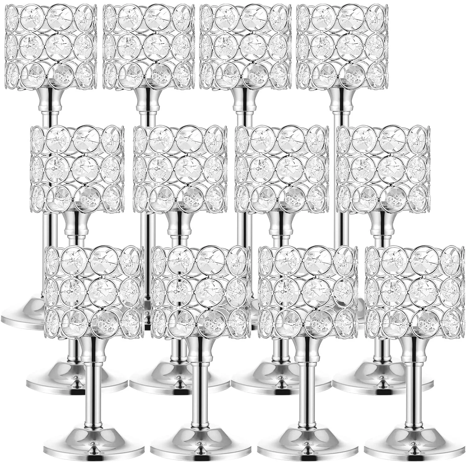 12 Pieces Crystal Candle Holders Set 3 Sizes Tall Crystal Candlestick Holders Pillar Candelabra Stand for Table Centerpieces