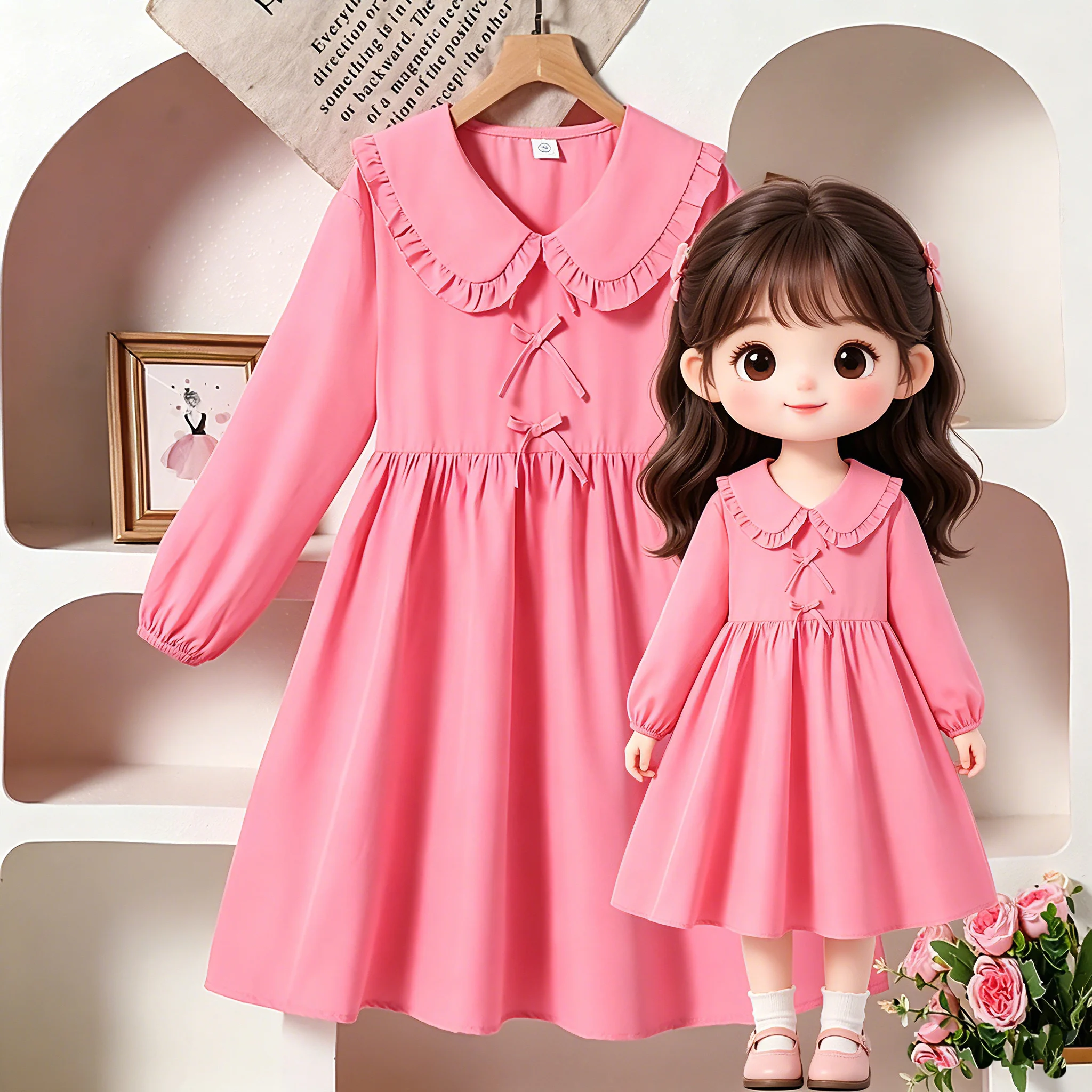 

Girls 8-12 spring autumn dress, pink doll collar long sleeve dress with bow details, soft comfy for school and daily wear