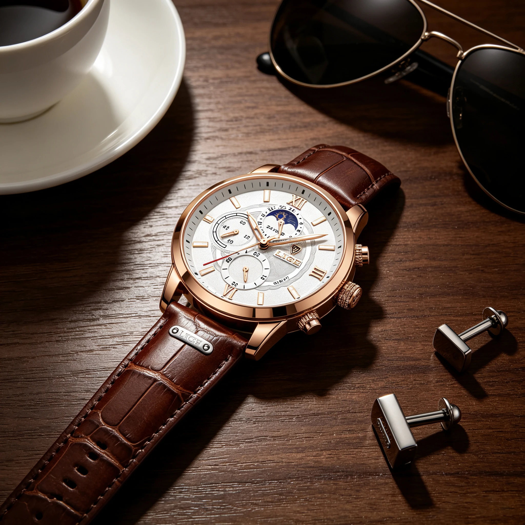 2026 LIGE Watches Mens Top Brand Luxury Clock Casual Leathe 24Hour Moon Phase Men Watch Sports Waterproof Quartz Chronograph+Box