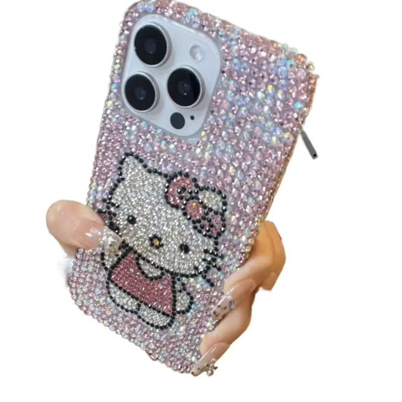 Hello Kitty Strass Bling Kristal Telefoonhoesje Keten voor IPhone 16 12 13 14 15Pro Max X Xs XR 2 3 10 Transparante Bumper Cover