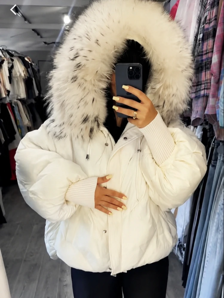 OFTBUY Down Jacket with Fur Collar Winter Large Real Fur Hooded Puffer Jacket Women Warm Knitted Sleeve Soft Genuine Fur Coat