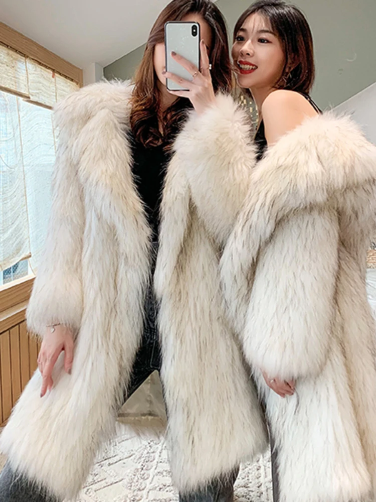 

Long Faux Fox Fur Trench Coat, Women‘s Warm Fluffy Windbreaker, Thick Winter Leisure Jacket, Luxe Casual Outerwear