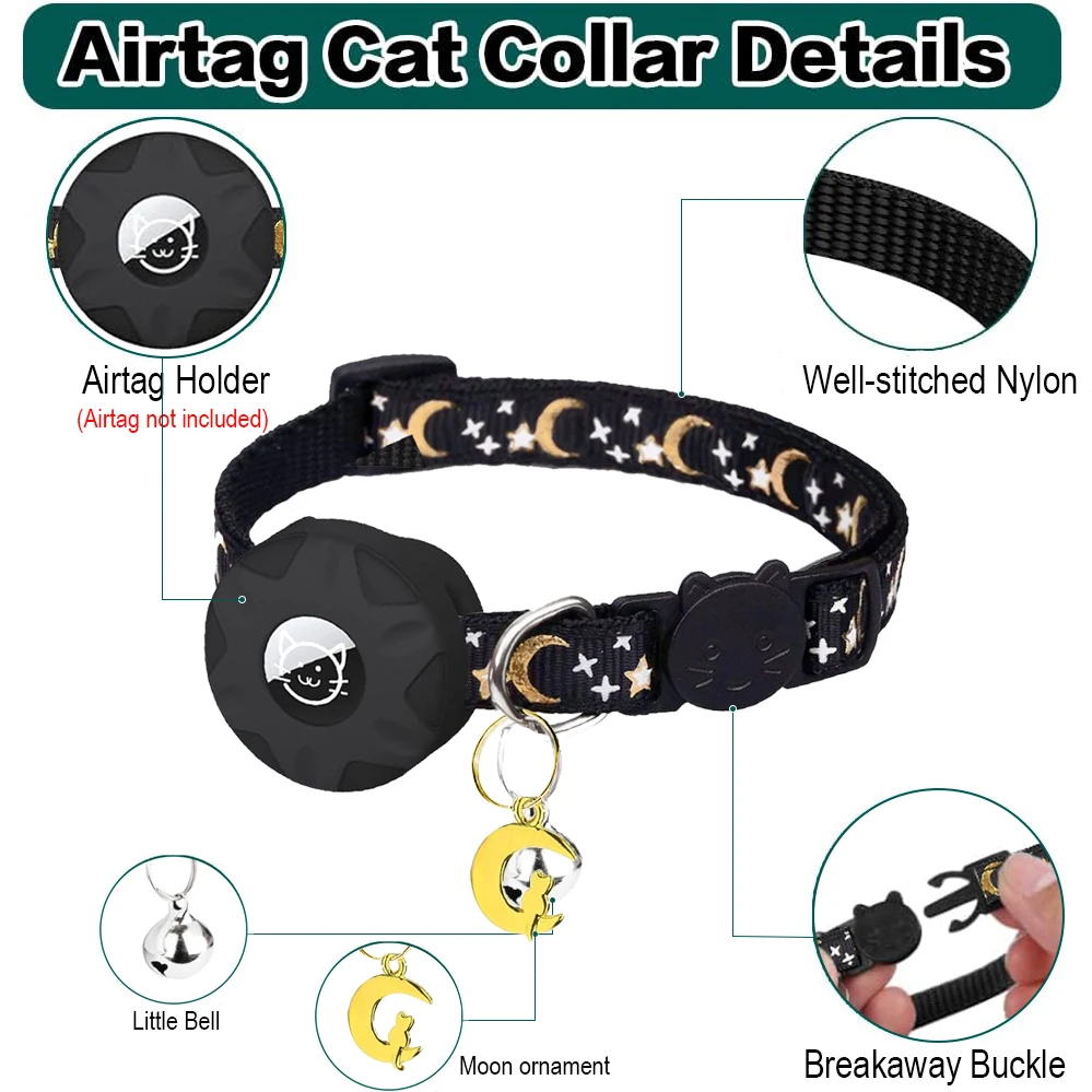 Apple Tag Pet Collar with AirTag Holder & Moon Ornament for Kitten Collar Girl Boy Cats, Small Dog Collar Kitten Accessories