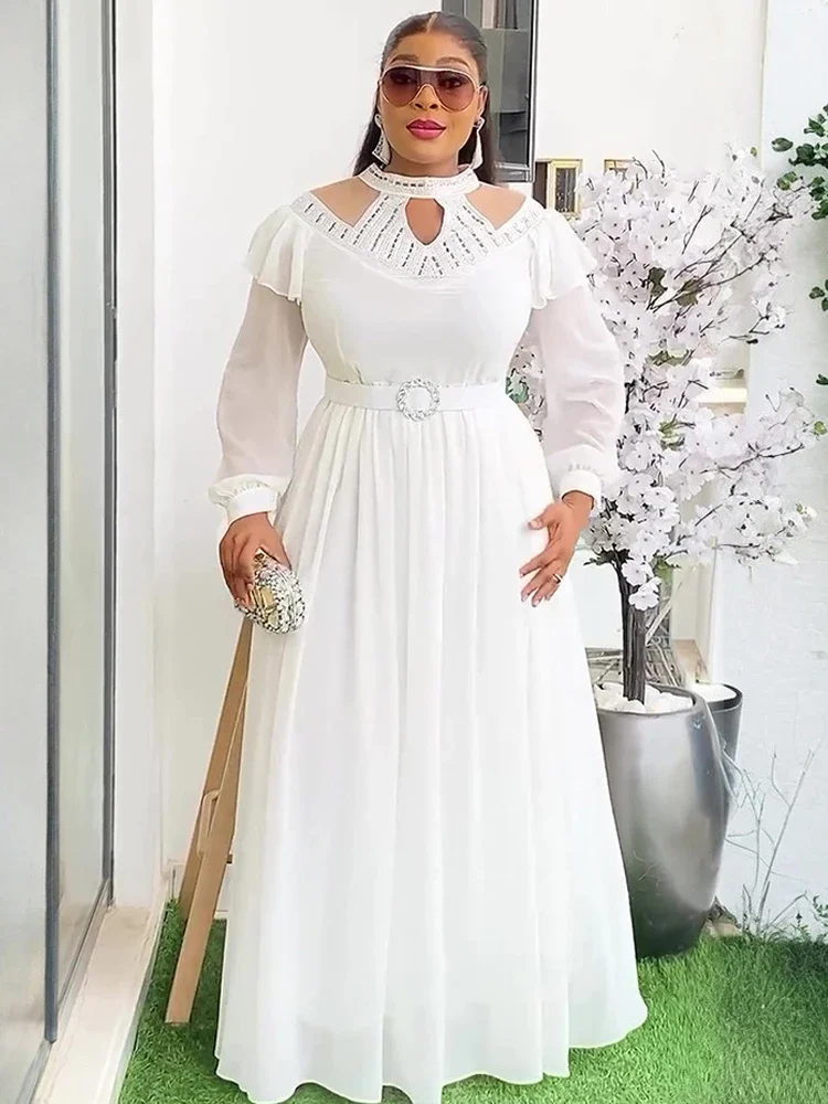 Long Sleeve Chiffon Dresses For Women Elegant Wedding Party Prom Evening Maxi Dress 2025 Autumn African Clothing Dubai Kaftans