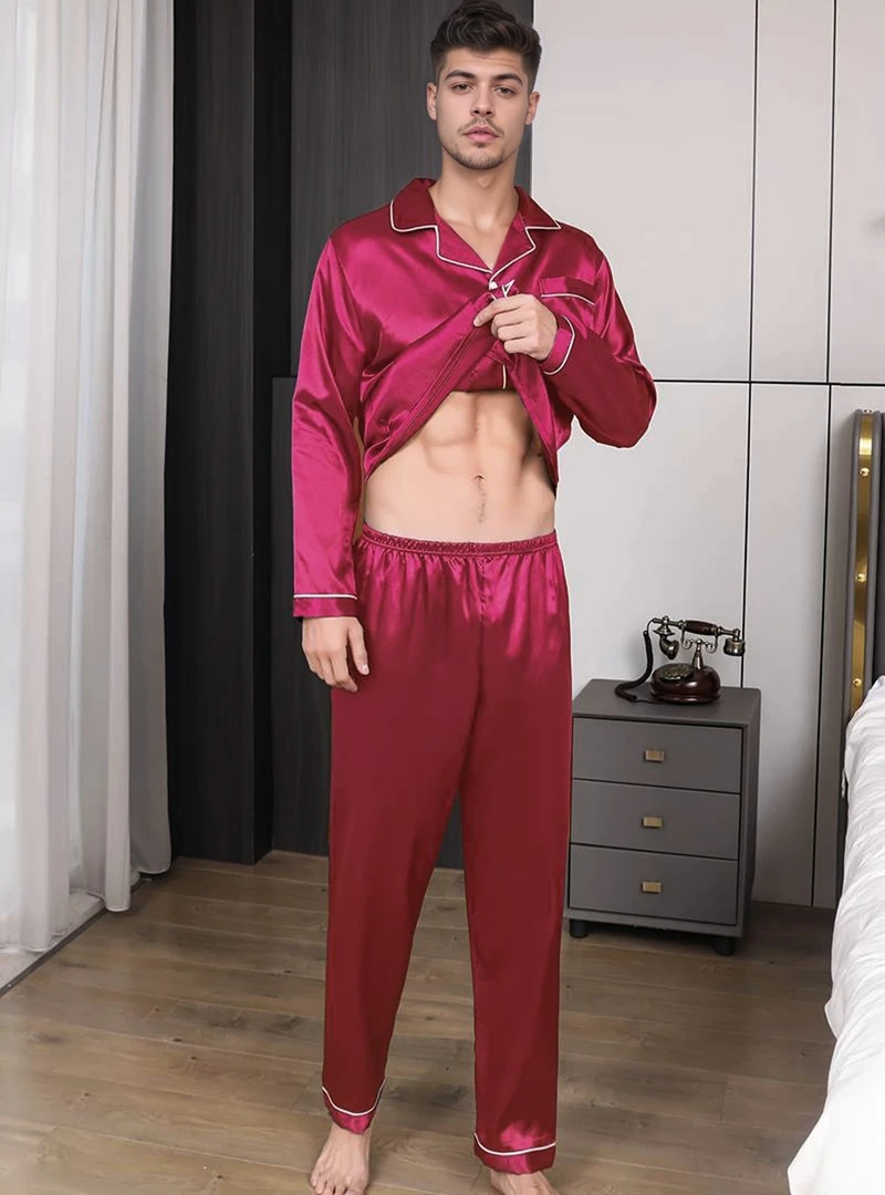Herren-Pyjama-Set aus Satin, einfarbig, kurzärmelig, Revers-Oberteil und elastische Hose, glatte, glänzende Textur, bequem, entspannt für Loungewear – Detail 8