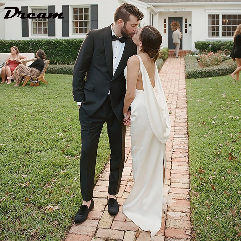 Dream personalizado aberto para trás drapeado cowl cetim bainha vestido de casamento simples pescoço quadrado sem mangas trem varredura vestido de noiva 2025