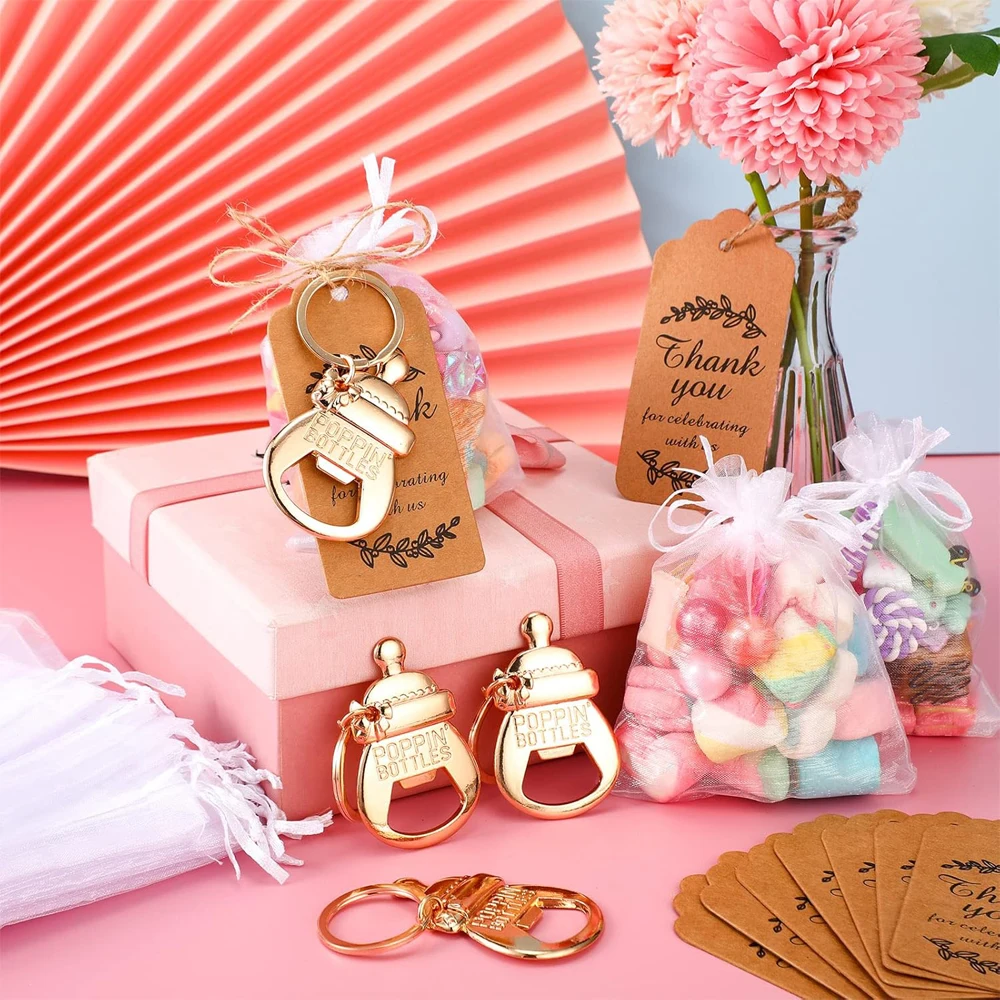 10 set baby shower gift set, bottle shaped opener with hard gauze bag commemorative keychain, thank you label themed party gift