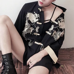 2022 Harajuku Vintage Blouse Dragon Embroidery Thin Shirt Cartoon Half Sleeve Casual Loose Chinese Style Short Blusas Streetwear