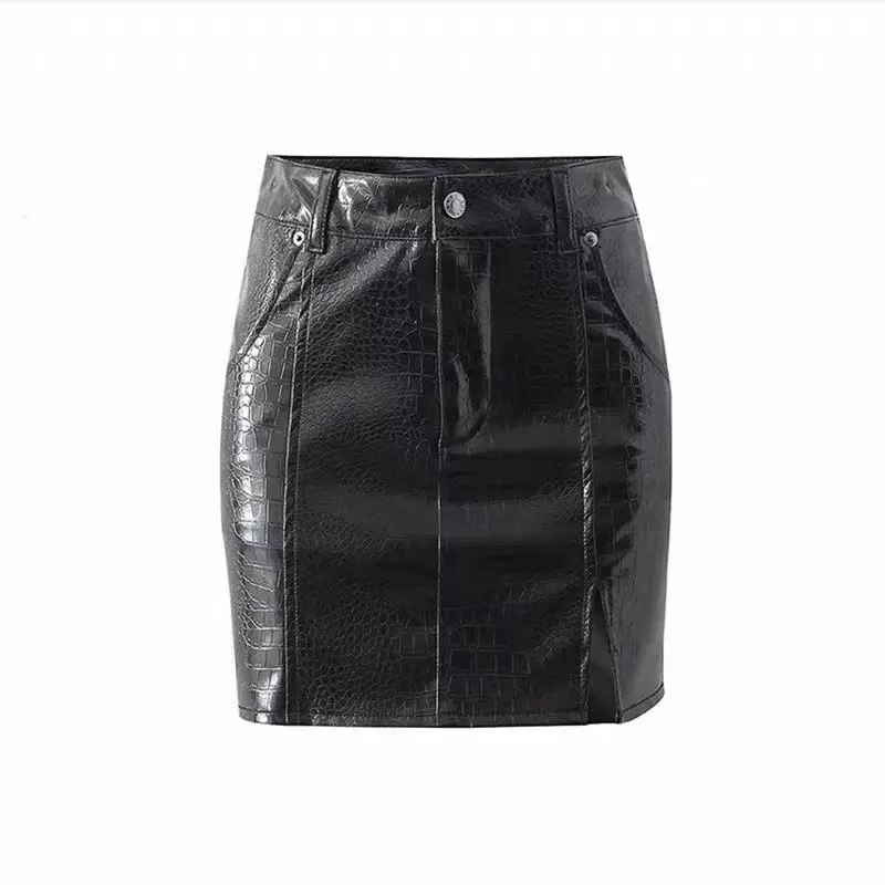 Euro-American Skirts Women Hot Sexy PU Leather Black Alligator Pattern Spring Summer Empire Chic Slim Hip Wrap Side Slit Female