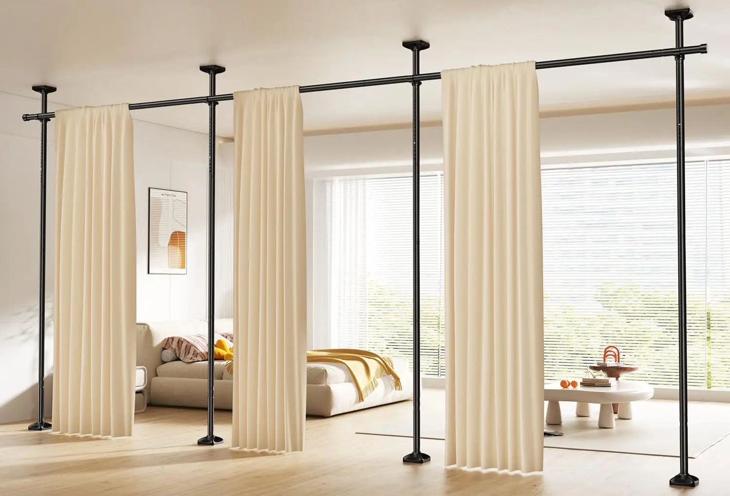 Room Divider Curtain Rod, No Drilling Wall Divider for Room Separation, 4-10ft(H) 28-171inch(W) Adjustable Heavy Duty Pa