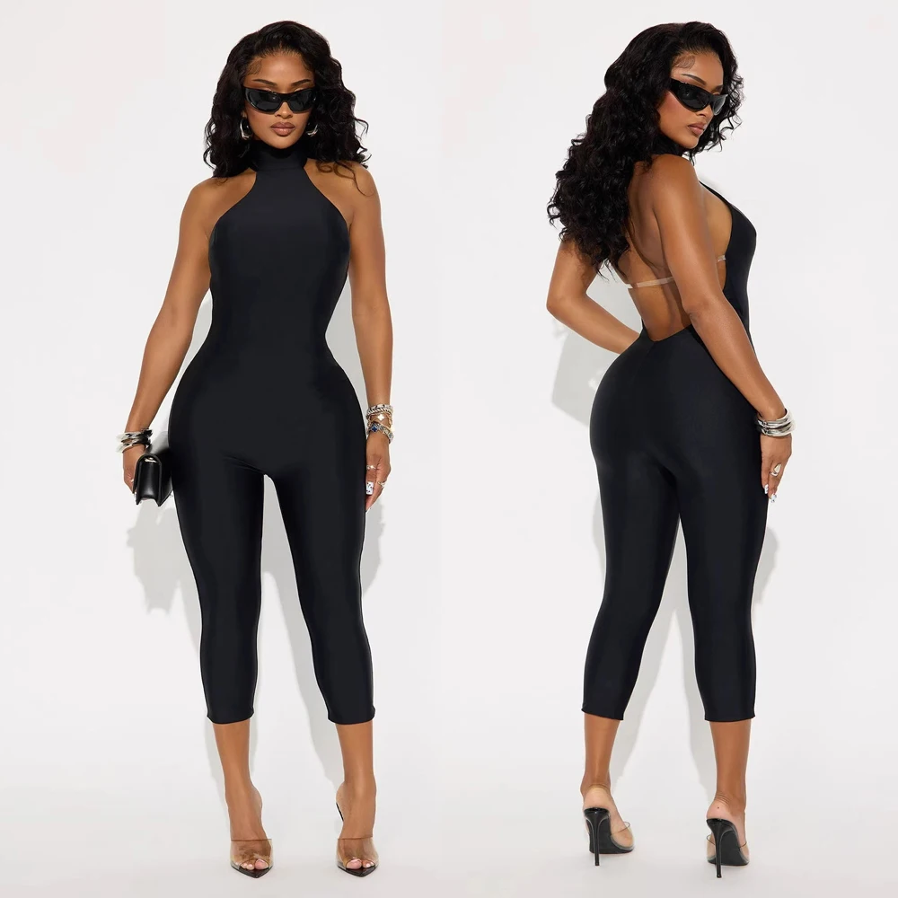 

2026 Summer Fashionable Woman Clothes New Arrivals Halter Romper Sexy Sleeveless One Piece Midi Length Open Back Out Jumpsuit