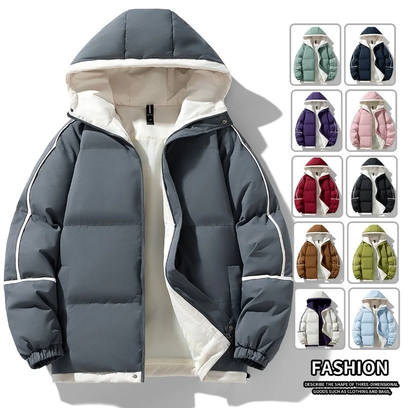 Men Hooded Puffer Jacket Thick Warm Cotton Coat Contrast Color Liner Striped Loose Windproof Outerwear Male Casual Winter Cold