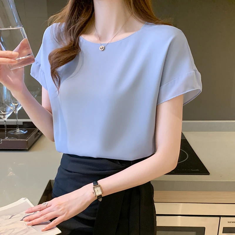 Summer Short Sleeve Women Blouse O-Neck Chiffon Blouse Shirt Tops Blouse Women Blusas Mujer De Moda 2024 Blouses Top Femme F107