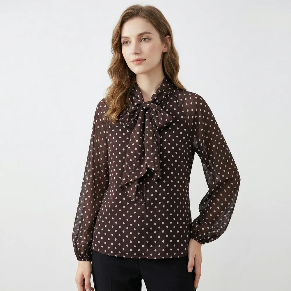 

Женская блузка из шифона в горошек с винтажным бантом на горловине, с длинными рукавами, повседневная офисная одежда, легкий топ
