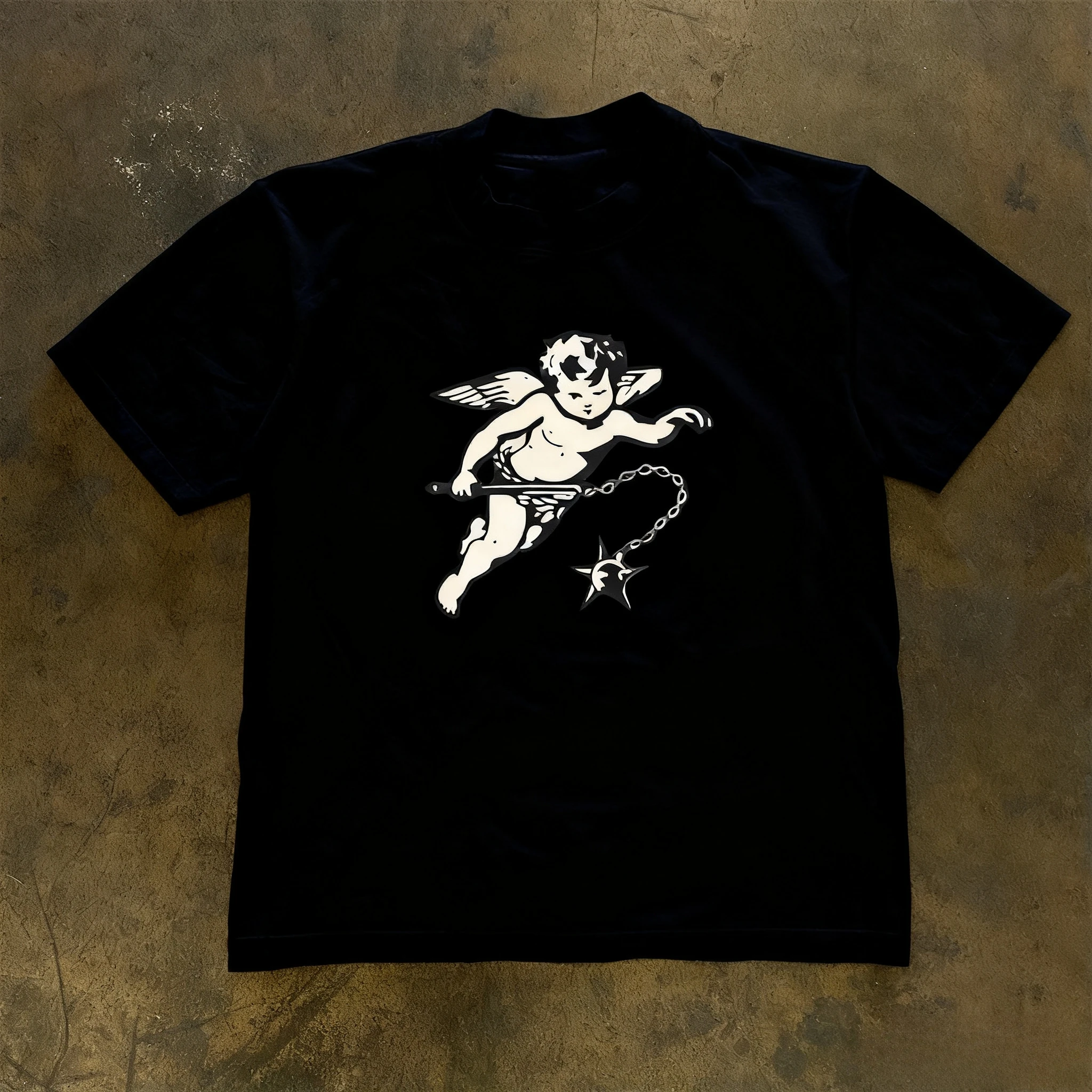 تي شيرت An Angel With A Hammer Graphic Print للخريف من القطن الخالص للرجال والنساء بأكمام قصيرة ملابس عصرية للشارع