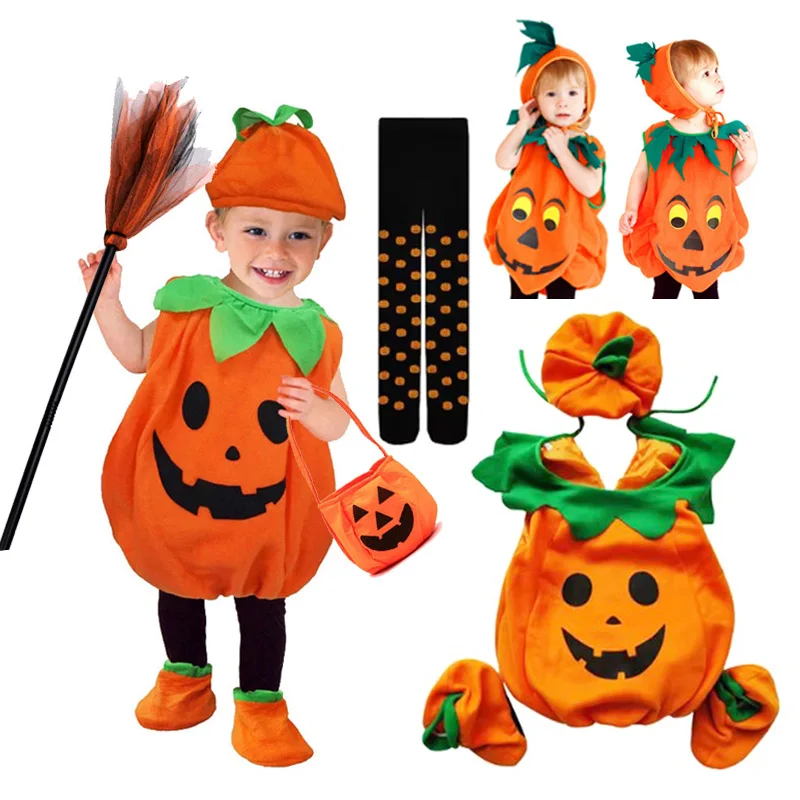 

1-10T Halloween Pumpkin Costume Romper With Hat Shoes Toddler One-Piece Boy Girl Baby Jumpsuit Cosplay Carnival Clothing Set