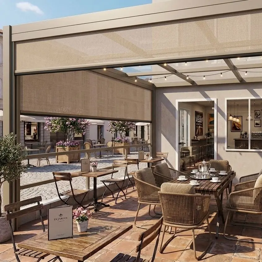 Windproof Zip Screen Roller Blinds. Motorized outdoor sun shading. PVC waterproof fabric. Perfect for patio & terrace. Quiet