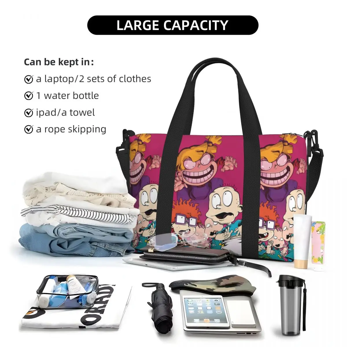 Aangepaste R-Rugrats strandtas voor dames Leuke cartoons groot compartiment strand gym reistassen