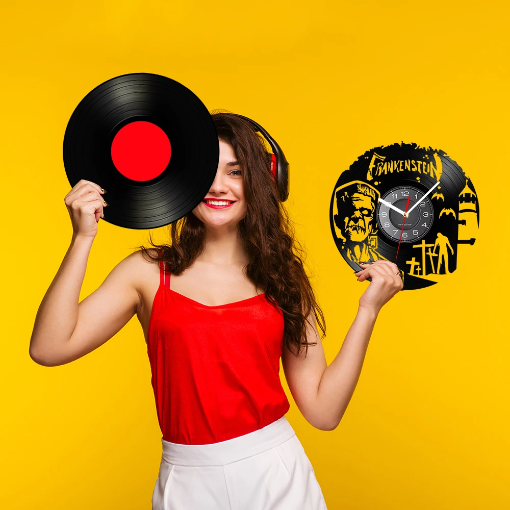 فرانكنشتاين مسجل فينيل ساعة حائط ديكور المنزل للهالوين مسلسل مونستر التلفزيوني فيلم رعب مستوحاة ساعة حائط كوارتز صامتة #5