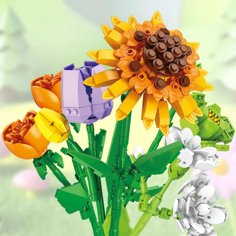 Creative Beautiful Bouquet Building Blocks Rose Sunflower Tulips Plants Flower Home Decoration Assemble Bricks Toy Gift For Girl