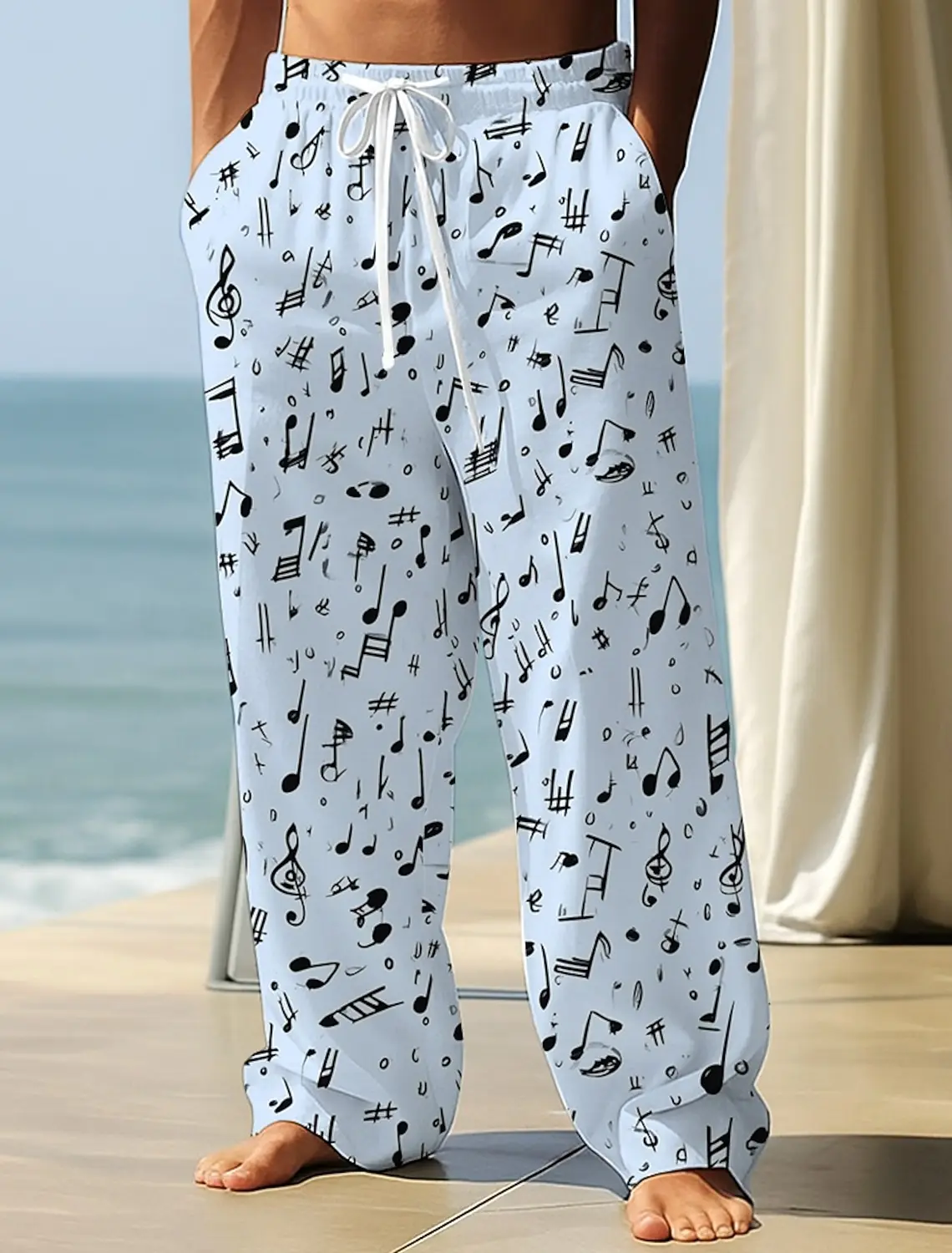 2026 Fashion Men's Musical Notes Trousers Baggy Pants Casual Pants Mid Waist Elastic Drawstring Waist Pants Streetwear Fall