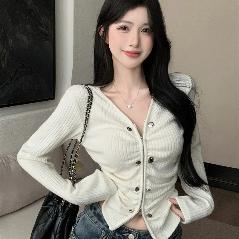 

Сексуальный вязаный длинный топ на молнии с v-образным вырезом, универсальный женский модный топ на осень-зиму, новинка, универсальный модный топ