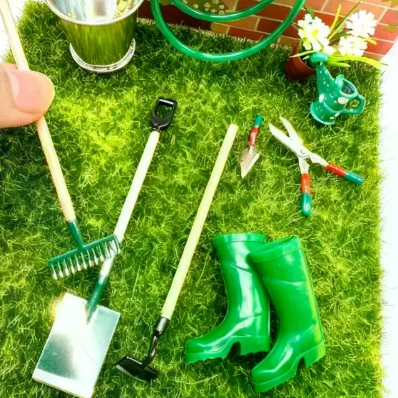 1 conjunto de simulação casa de bonecas em miniatura pá enxada forcado e ferramenta de reparo de tubulação de água jogar acessórios de jardim de fadas ferramentas agrícolas