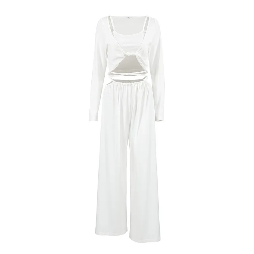 Summer Pyjamas Set Crop Top Wide Leg Sleepwear Long Sleeve Wrap Front Loungewear Side Cutout Nightwear Solid High Waist Pants