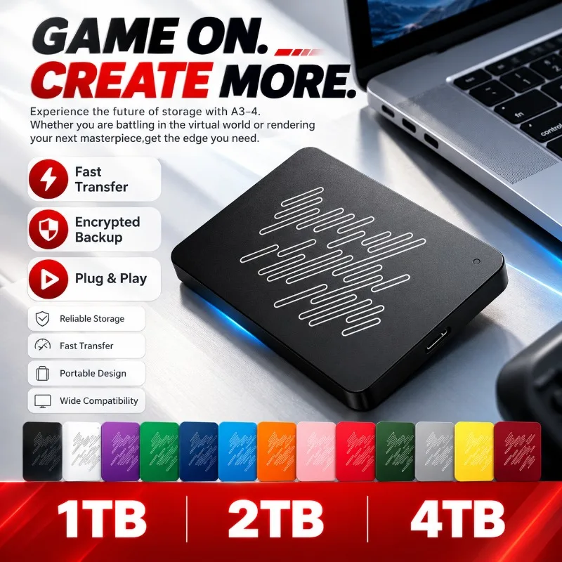 Portable A3 Series USB3.0 SSD External Hard Drive, 500GB 1TB 2TB 4TB Black Solid State Disk for Gaming Console & Office Gift