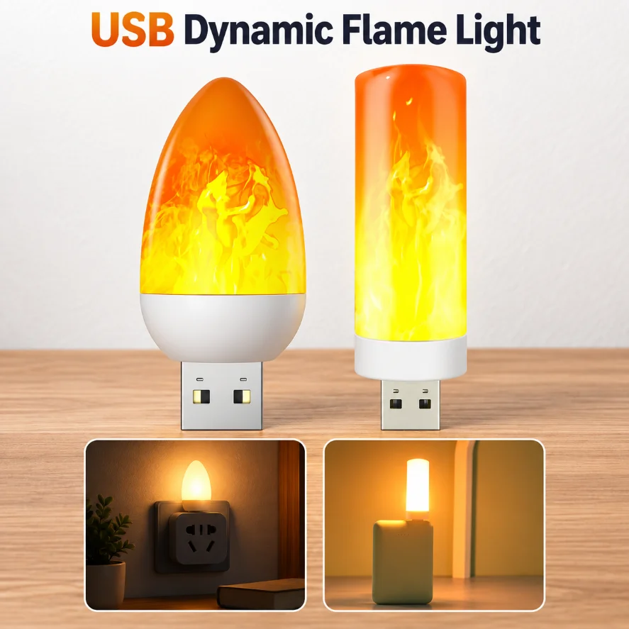 1-2Pcs USB Dynamic Flame Light LED Flame Effect Night Light 5V USB Plug-in Atmosphere Lamp for Halloween Christmas Party Decor