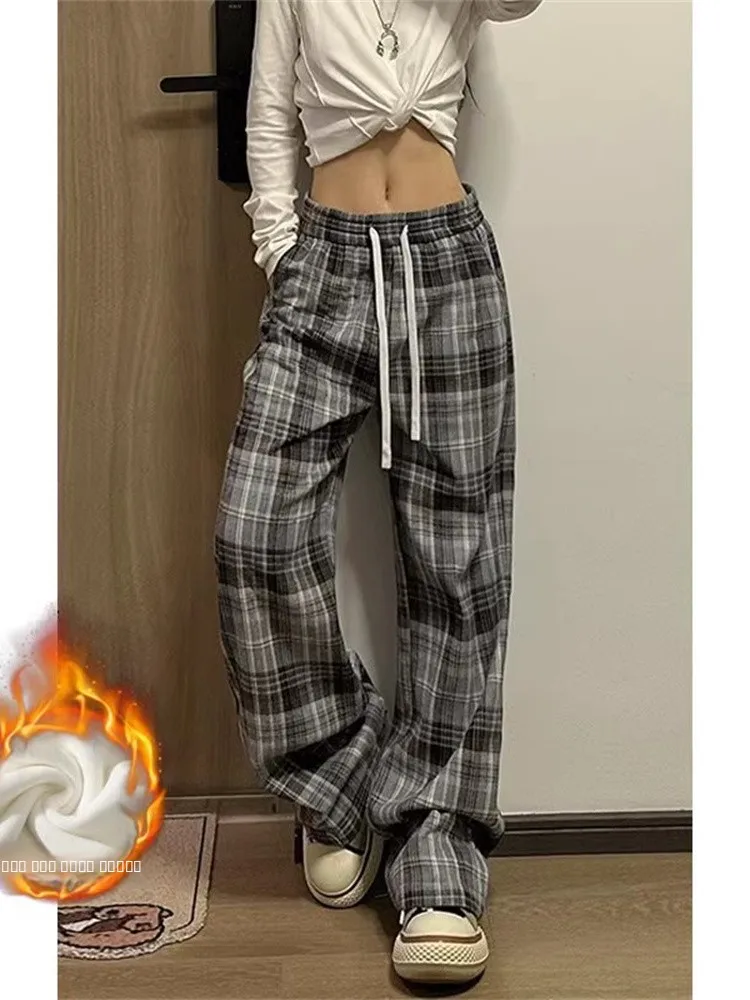 

Американские ретро-брюки в клетку на флисовой подкладке, повседневные брюки для мужчин, осенне-зимние прямые брюки с широкими штанинами, свободного кроя, удобные длинные брюки