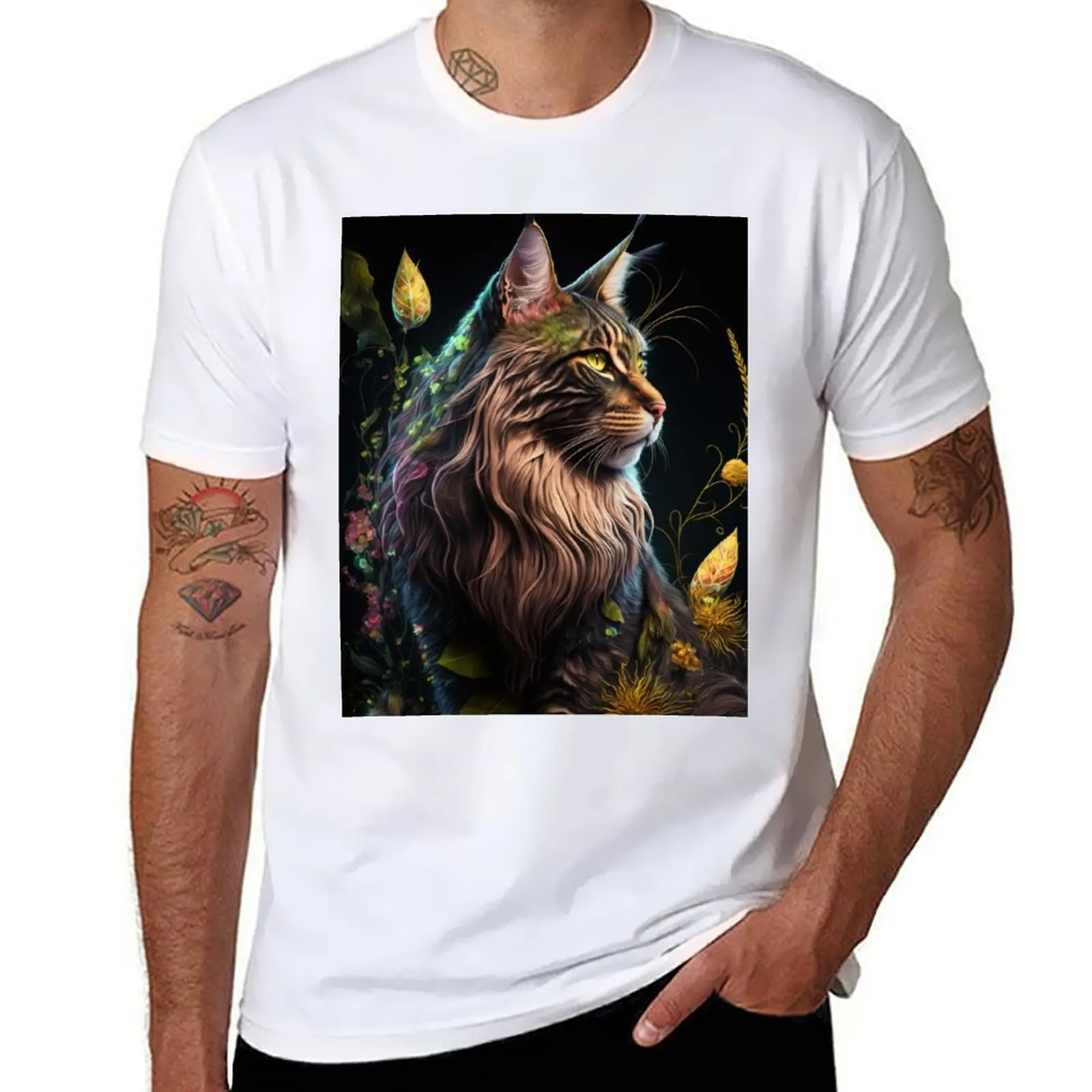 Timothy The Maine Coon Cat and Flowers 5 T-Shirt Minimalist Plain Crew Neck T-Shirt