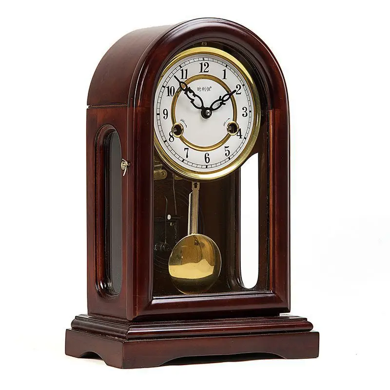 desk clock Old-fashioned feng shui town house Solid wood dotted pendulum clock Winding chain Clockwork Chinese table clock