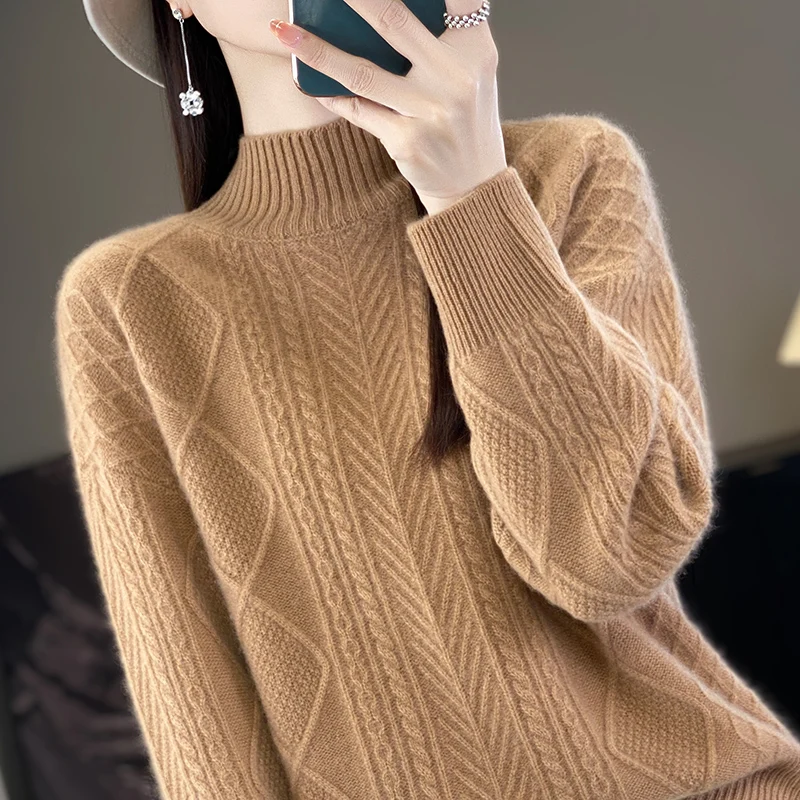 Autumn and Winter Pure Cashmere Sweater Women's Half Turtleneck Lozenge Top Commuter Jumper With Slim-fit Wool Knit Base