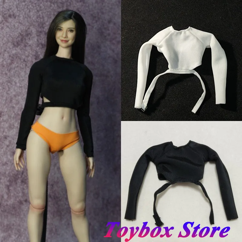 2 Colors DMTOYS Original 1/6 Girl Soldier Black White Long Sleeve T-shirt Bandage Design Casual Tops Fit 12