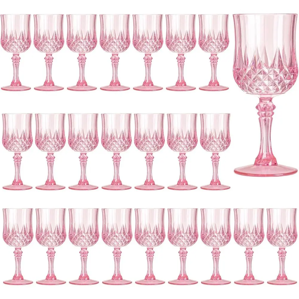

7OZ Plastic Wine Glasses, 24Pcs Pink Reusable Drinking Cups, Vintage Champagne Lutes, Plastic Crystal Water Goblets for Parties,