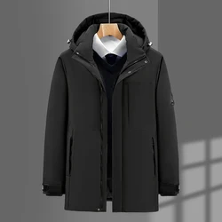 2024 New Winter Men Hooded Jackets Men's Business Casual Thick Warm Waterproof Parka Overcoat Mid Length Detachable Hoodie Coats