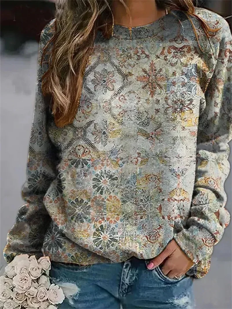 2023 autumn and winter floral loose print casual long-sleeved round neck sweatshirt  Oversize Hoodie Puff Print Hoodie For Women